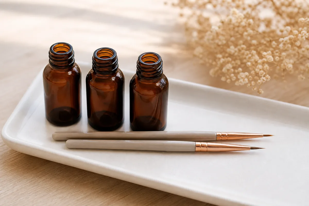 Flacons de gel et pinceaux alignés sur un plan de travail de salon, sans étiquette visible