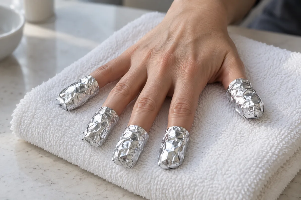 Doigts enveloppés de petits carrés d&rsquo;aluminium posés sur une serviette blanche