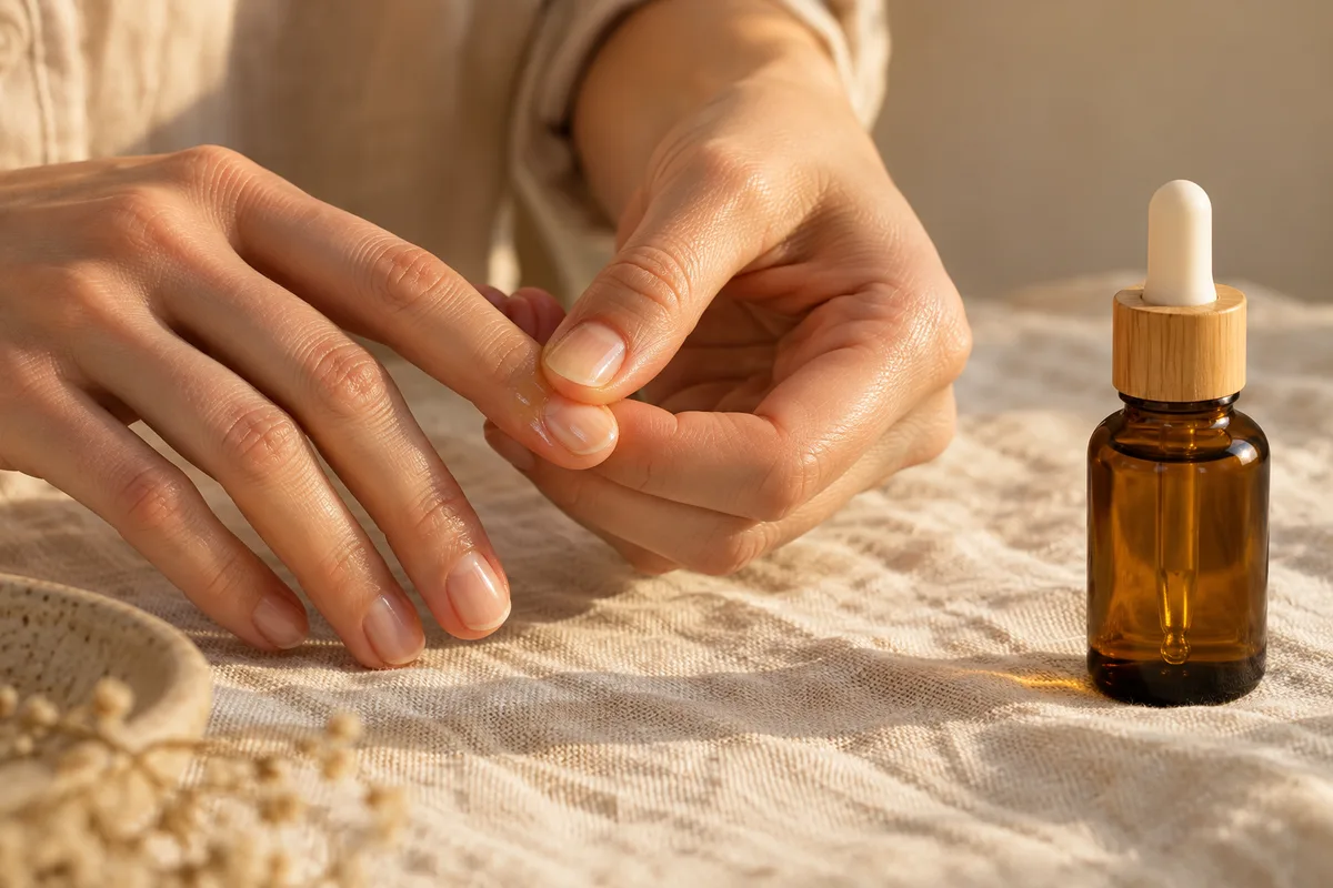 Mains appliquant une huile ambrée sur les cuticules, flacon en verre uni posé à côté