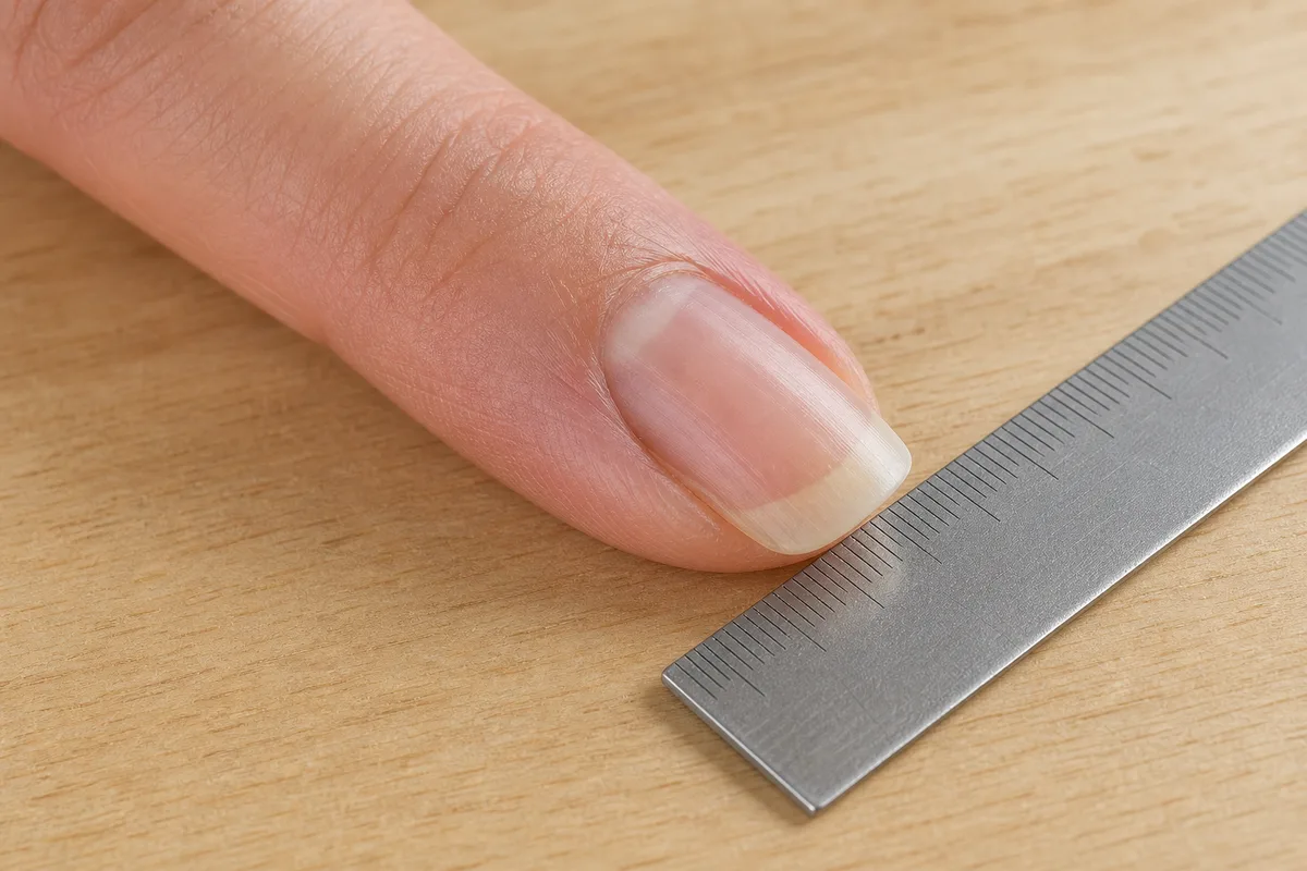 Mesure de la longueur d&rsquo;un ongle naturel avec une règle graduée en millimètres