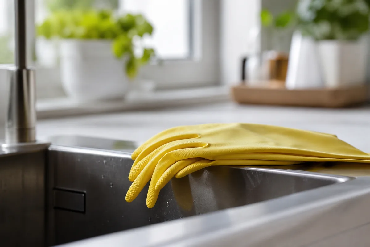 Paire de gants de ménage posée près d&rsquo;un évier dans une cuisine lumineuse