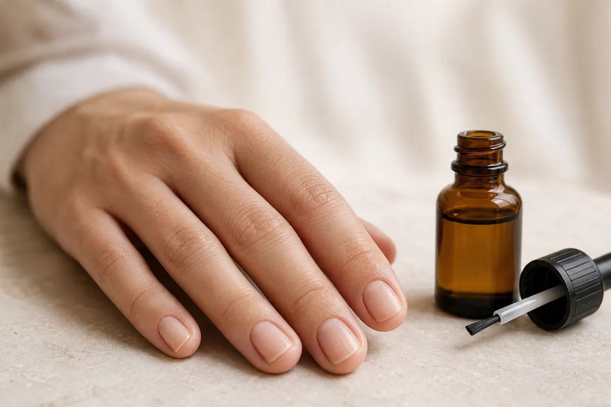 Main aux ongles courts et naturels soignés posée sur un plan de travail clair