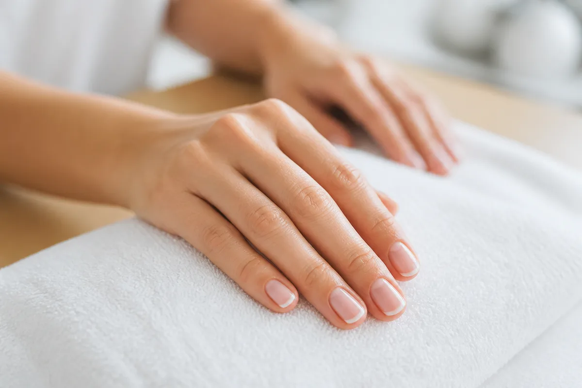 Main féminine posée sur un plan de travail clair, ongles courts portant une fine ligne blanche au bord libre