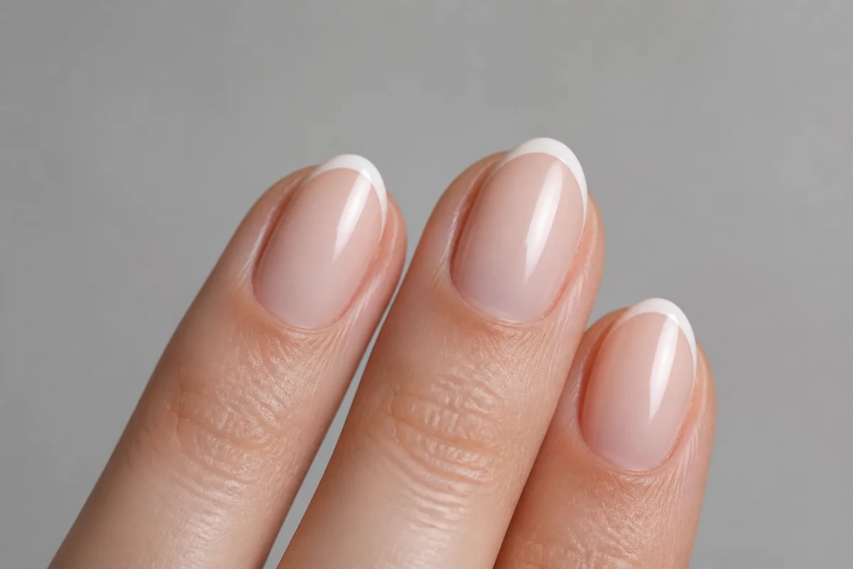 Gros plan sur des ongles en amande courte avec une fine ligne blanche remontant dans les coins