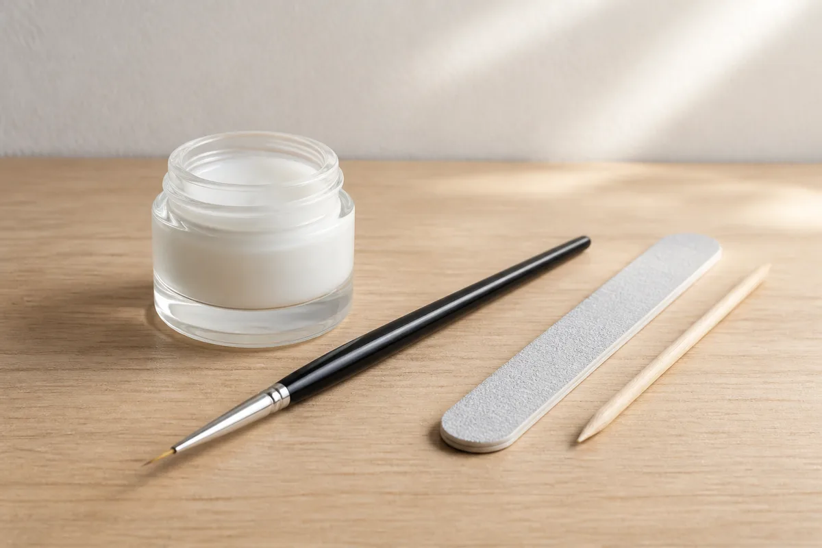 Pinceau liner fin et flacon de gel blanc posés sur une table de manucure en bois clair