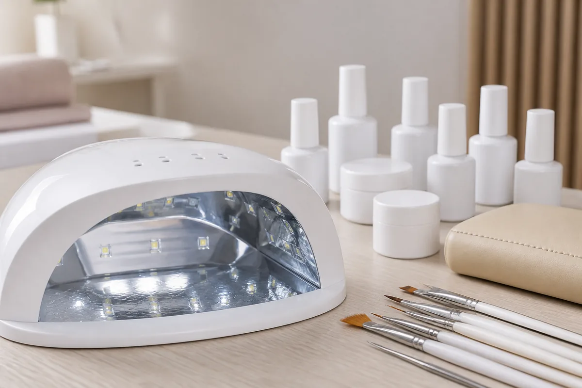 Poste de travail manucure avec lampe LED ouverte, flacons sans étiquette, limes et pinceaux alignés sur un plan clair