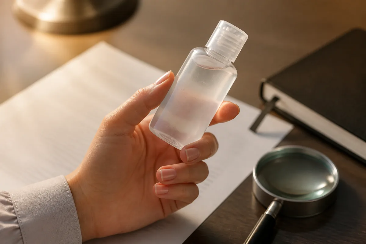 Gros plan sur une main tenant un flacon de gel sans étiquette devant une liste d’ingrédients imprimée, lumière de bureau