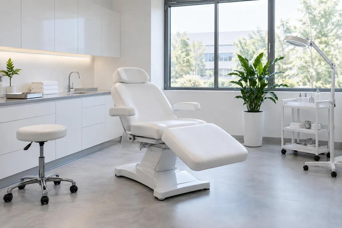 Cabinet de médecine esthétique vide et lumineux, fauteuil d’examen blanc et plan de travail clair