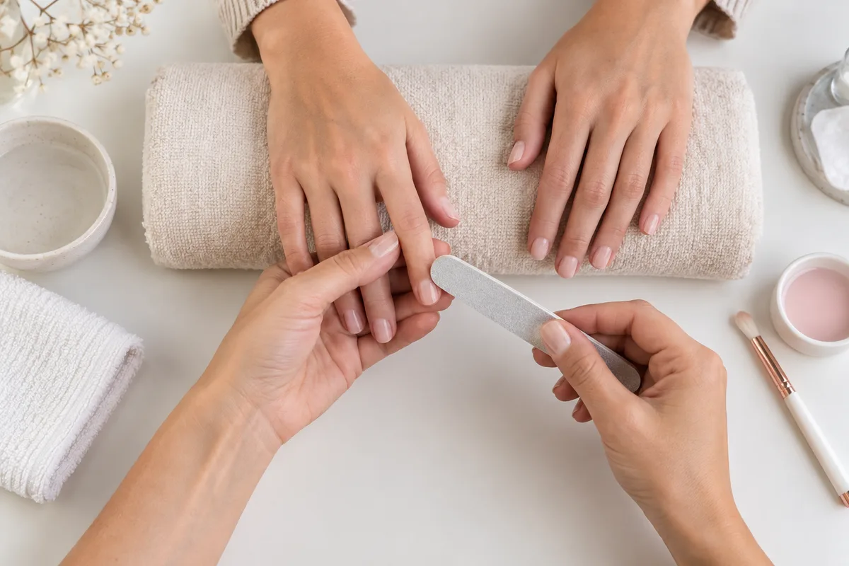 Mains de prothésiste limant un ongle sur un plan de travail clair, vue de dessus