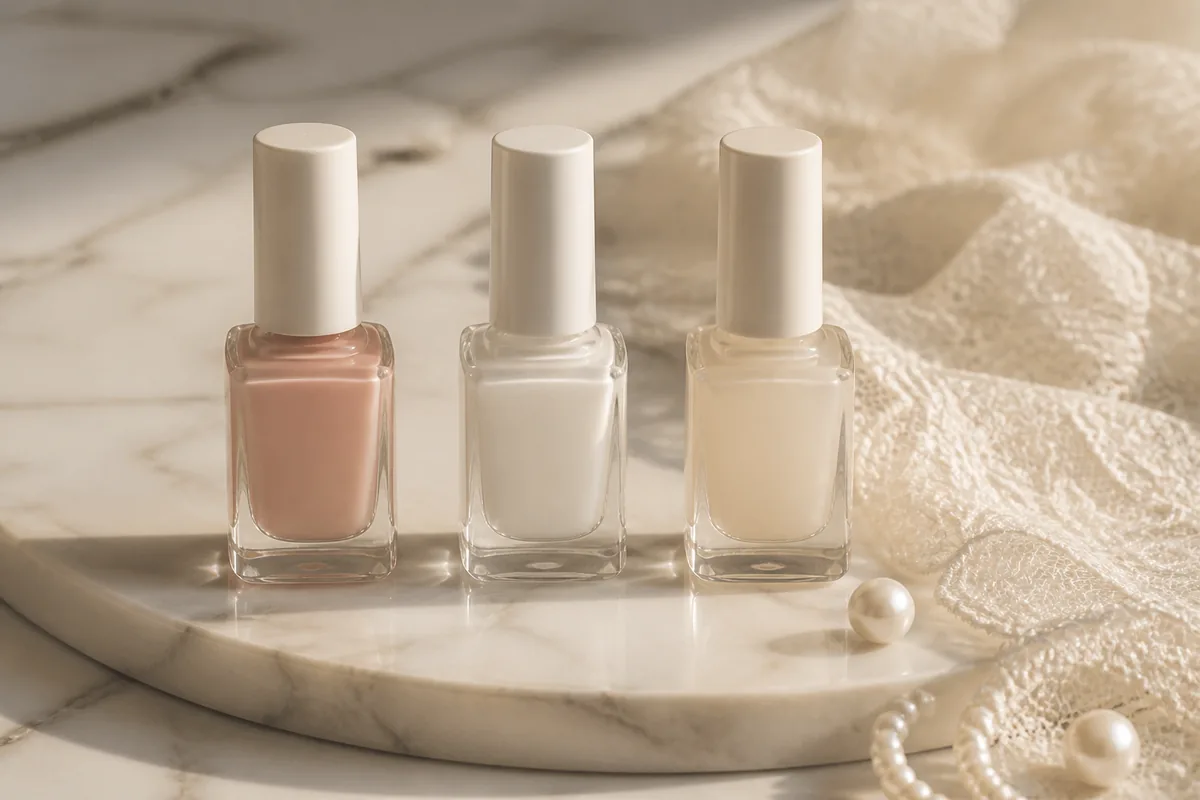 Flacons de vernis nude rosé et blanc laiteux alignés sur un plateau de marbre clair près d’une dentelle ivoire