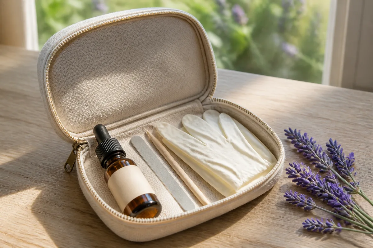 Petite trousse ouverte contenant huile de cuticules, lime fine et bâtonnet de buis sur une table en bois