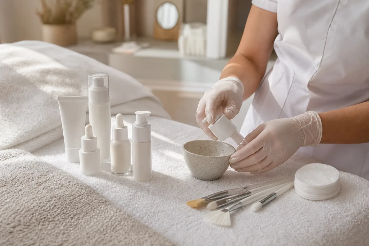 Poste de travail d&rsquo;un institut de beauté avec produits de soin alignés et lumière naturelle