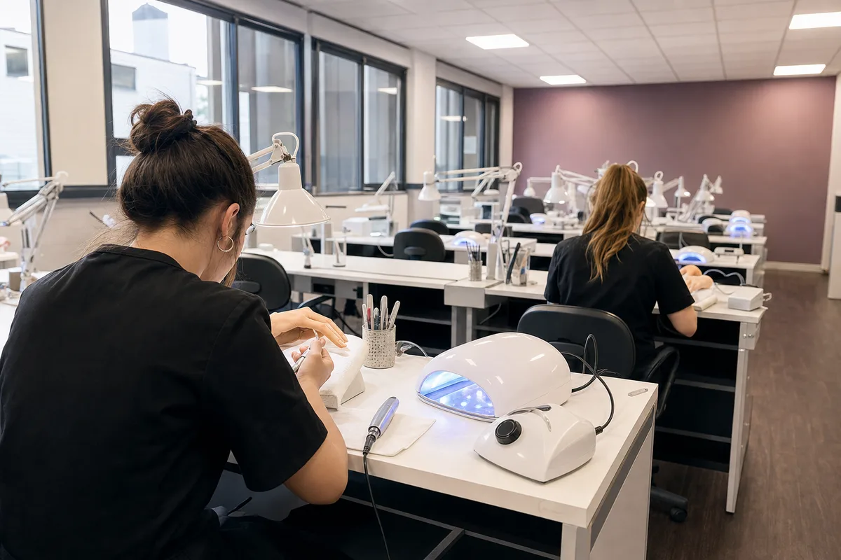 Élèves d&rsquo;une formation beauté s&rsquo;exerçant sur modèles dans une salle de pratique claire