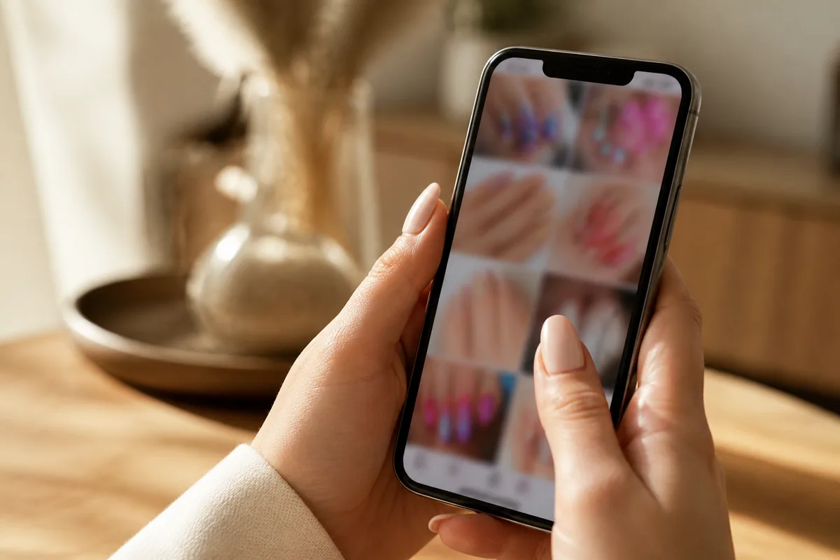 Main féminine tenant un téléphone qui affiche une galerie de photos d’ongles, lumière douce de fin de journée