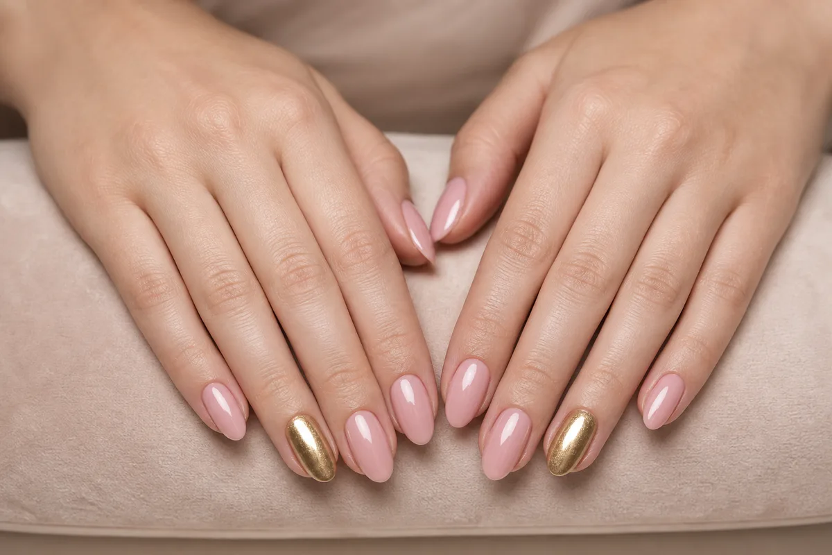 Deux mains aux ongles en gel fraîchement posés reposant sur un coussin de manucure en tissu clair
