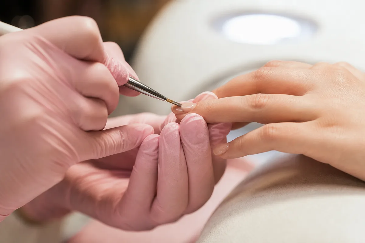 Mains d&rsquo;une prothésiste appliquant du gel sur un ongle sous une lampe de travail