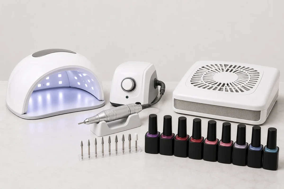Poste de travail d&rsquo;onglerie avec lampe LED, ponceuse et flacons de gel alignés