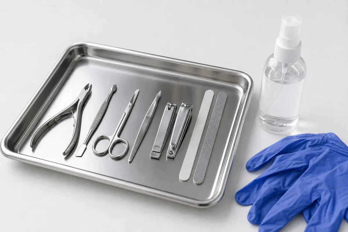Instruments de manucure en inox posés sur un plateau propre à côté d&rsquo;un flacon désinfectant